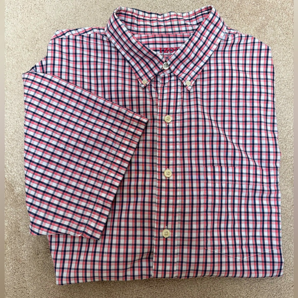 Izod Light weight Poplin Plaid Short Sleeve Button Down Shirt Big & Tall 2XLT